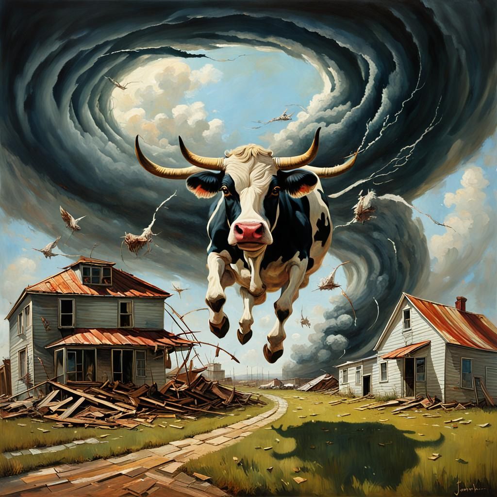 Terrified Cow Abducted by Tornado: Oil Painting
