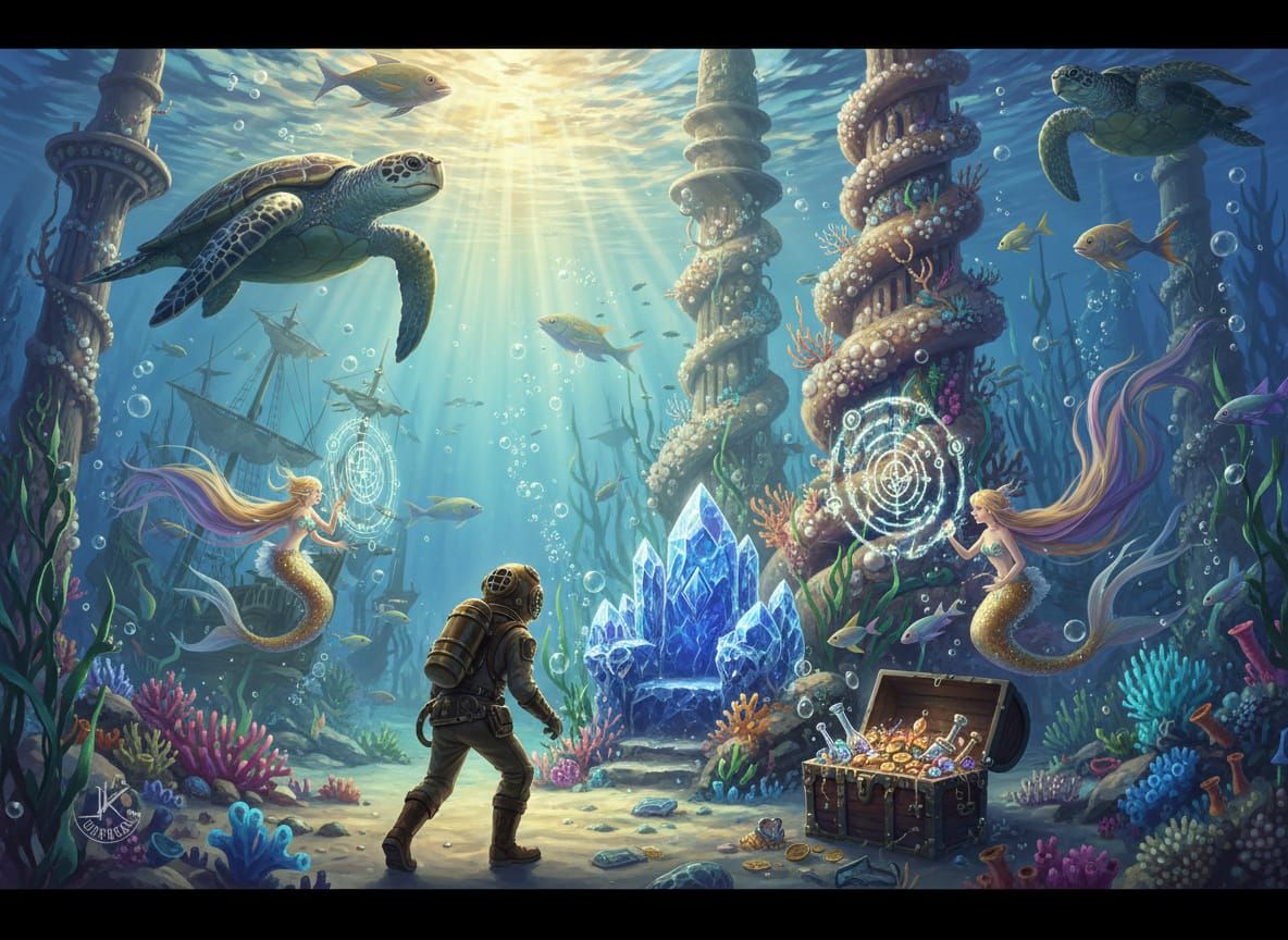 Enchanted Underwater Kingdom at Dawn with Explorer