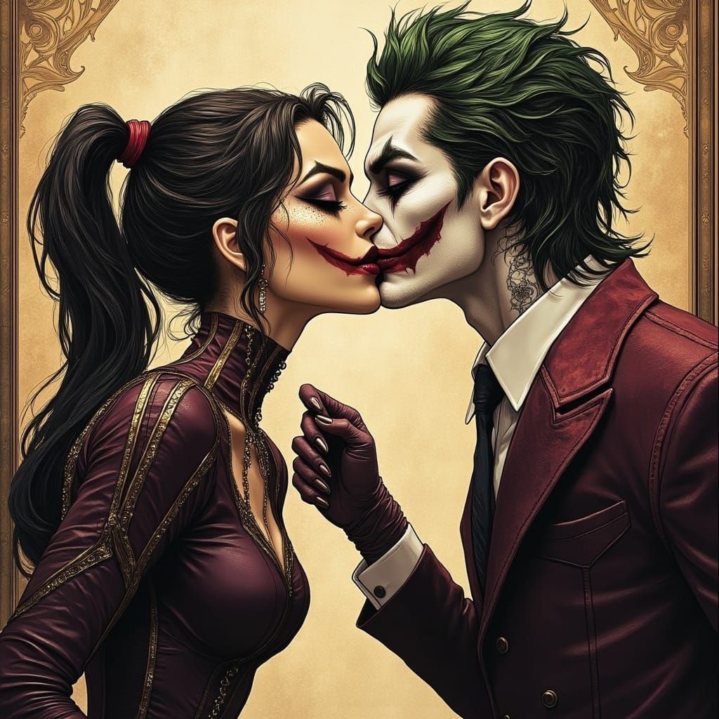Dark Magic Portrayal of Harley and Joker in a Bizarre Kiss