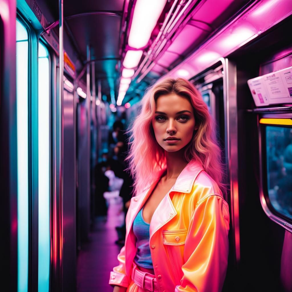 A Victoria's secret angel on a subway train synthwave neon retroheavenly sunshine beams divine bright soft focus holy in...