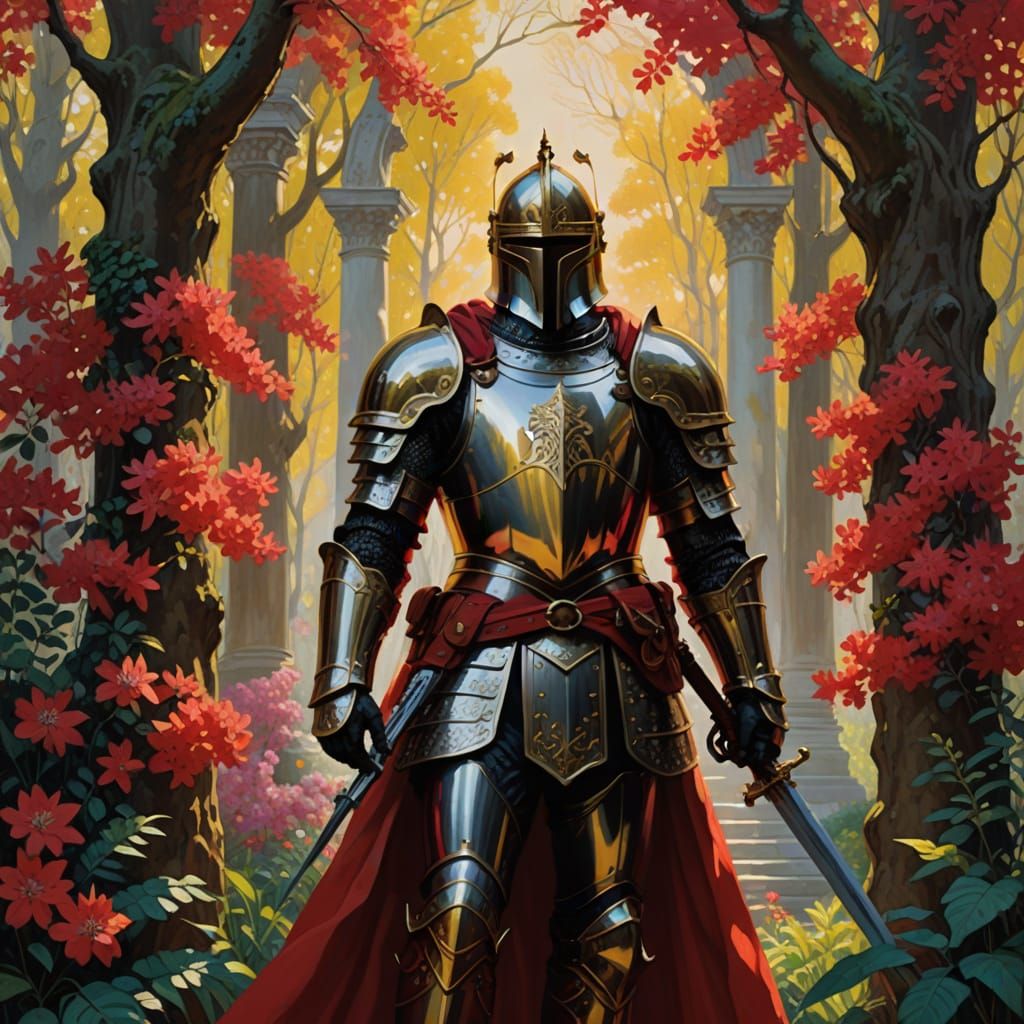 Surreal Impressionist Knight in Crimson Wisteria Forest