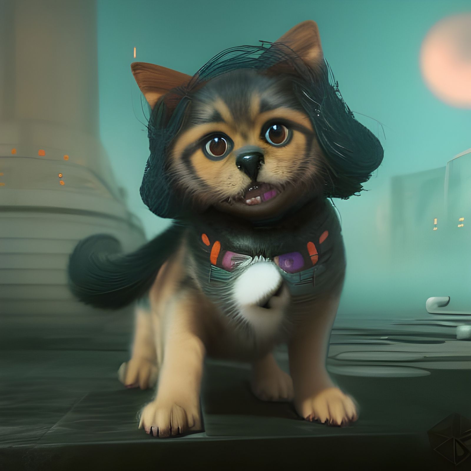 Cute Puppy Dog Cyborg Kitten: Detailed Digital Art
