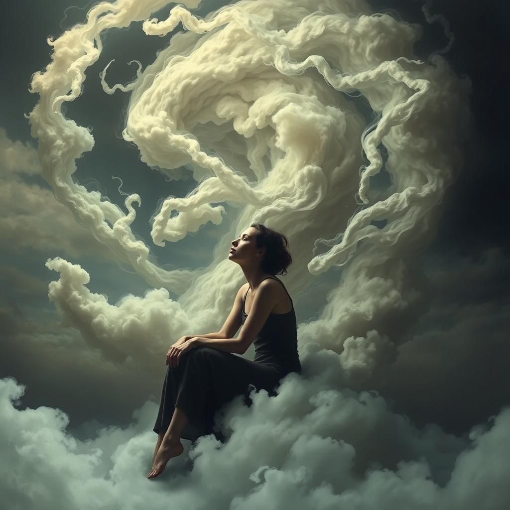 Contemplative Woman in Surreal, Biomechanical Dreamscape