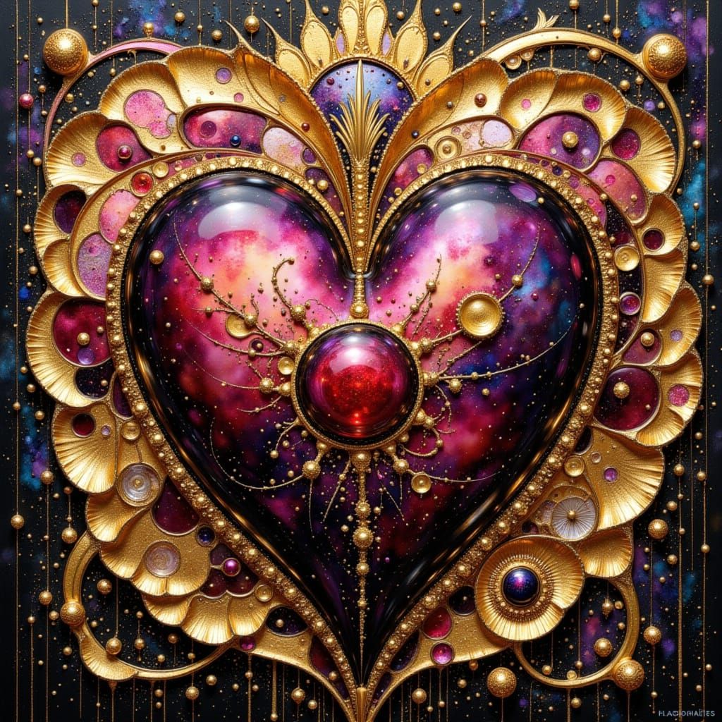 Surreal Art Deco Heart Filigree in Gold and Fuschia