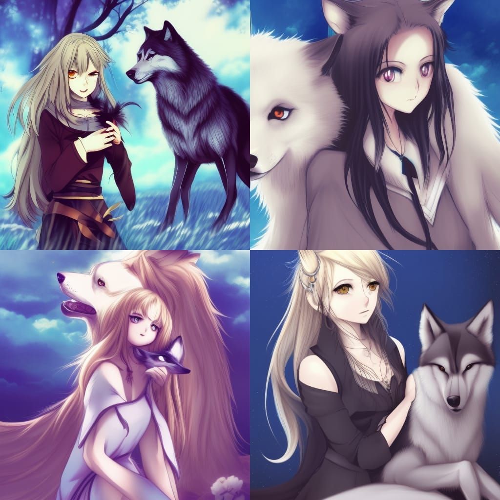 Anime Girl with Wolf in Key Visual Style