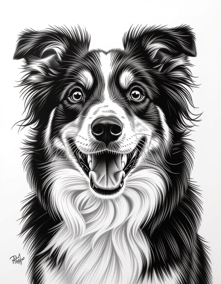 Exaggerated Expression Border Collie Pencil Outline