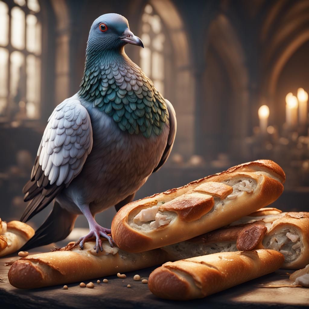 Pigeon's Baguette Feast: Detailed Matte Painting
