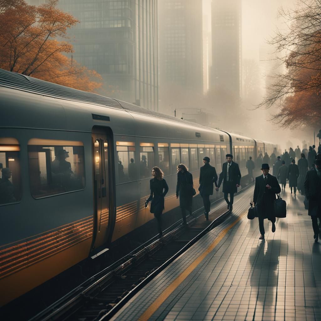 Foggy Morning at a Modern City Train Station