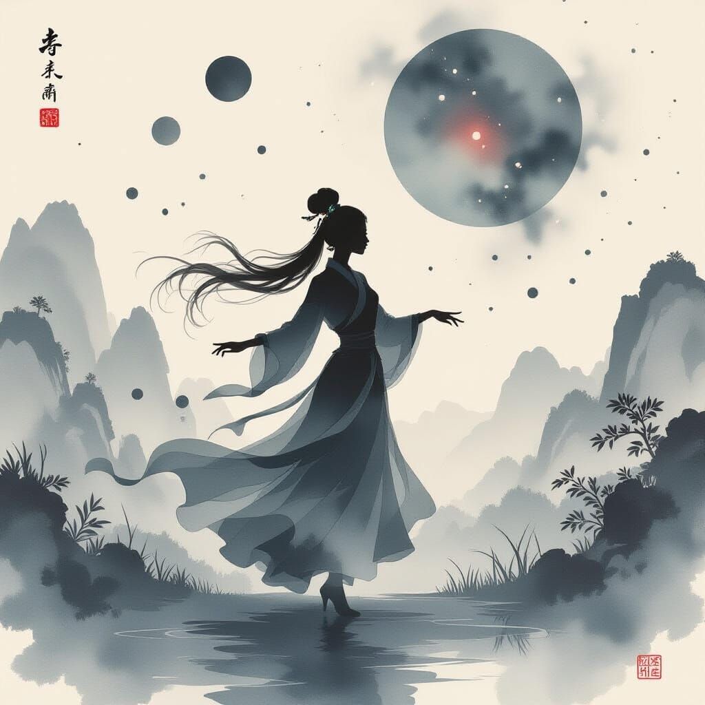 Dancing Silhouette Dissolves into Celestial Ink Chinese Land...