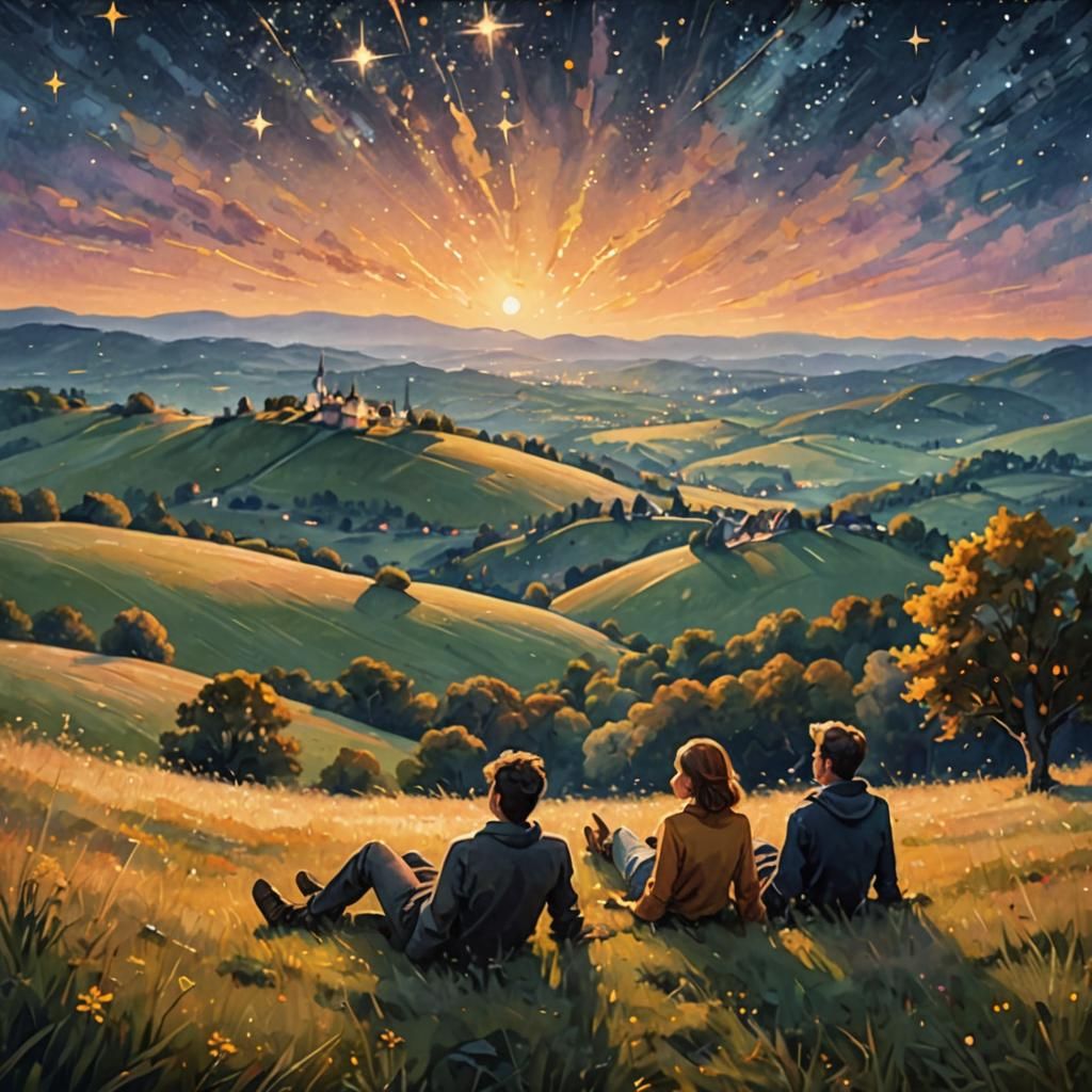 Romantic Couple Stargazing in Golden Light, Landscape Painti...
