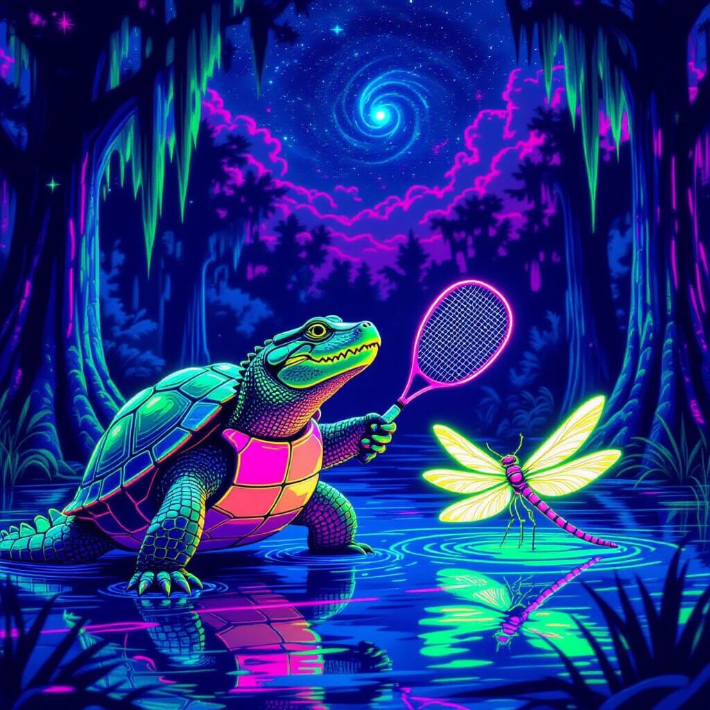 Neon Turtle Plays Racquetball in Cyberpunk Swamp
