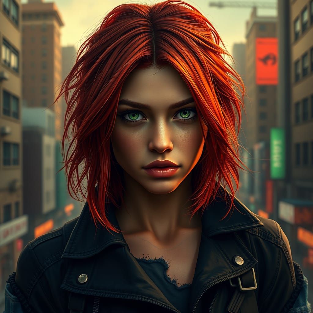Fiery Haired Woman in Urban Grunge Style