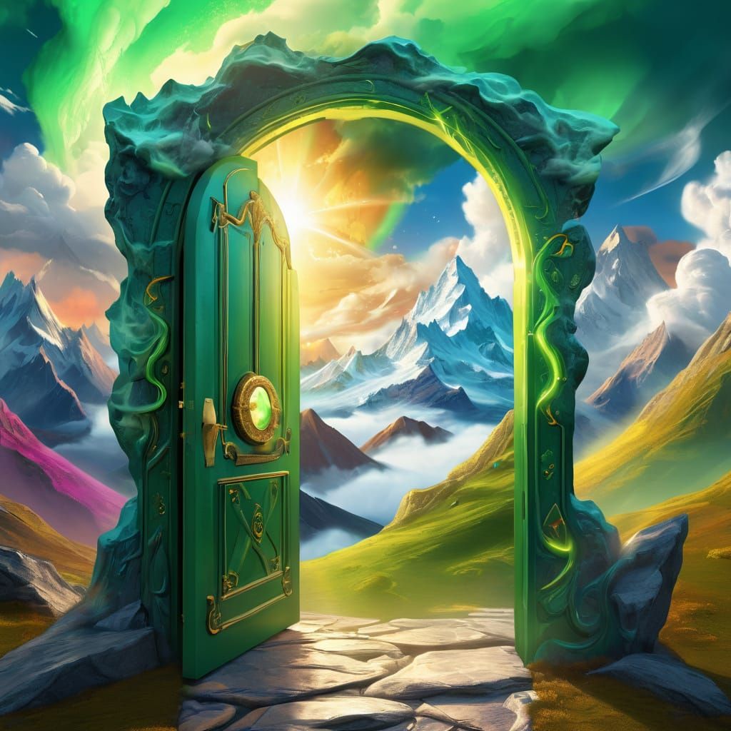 Enchanted Emerald Door on a Mountain, Fantasy Art