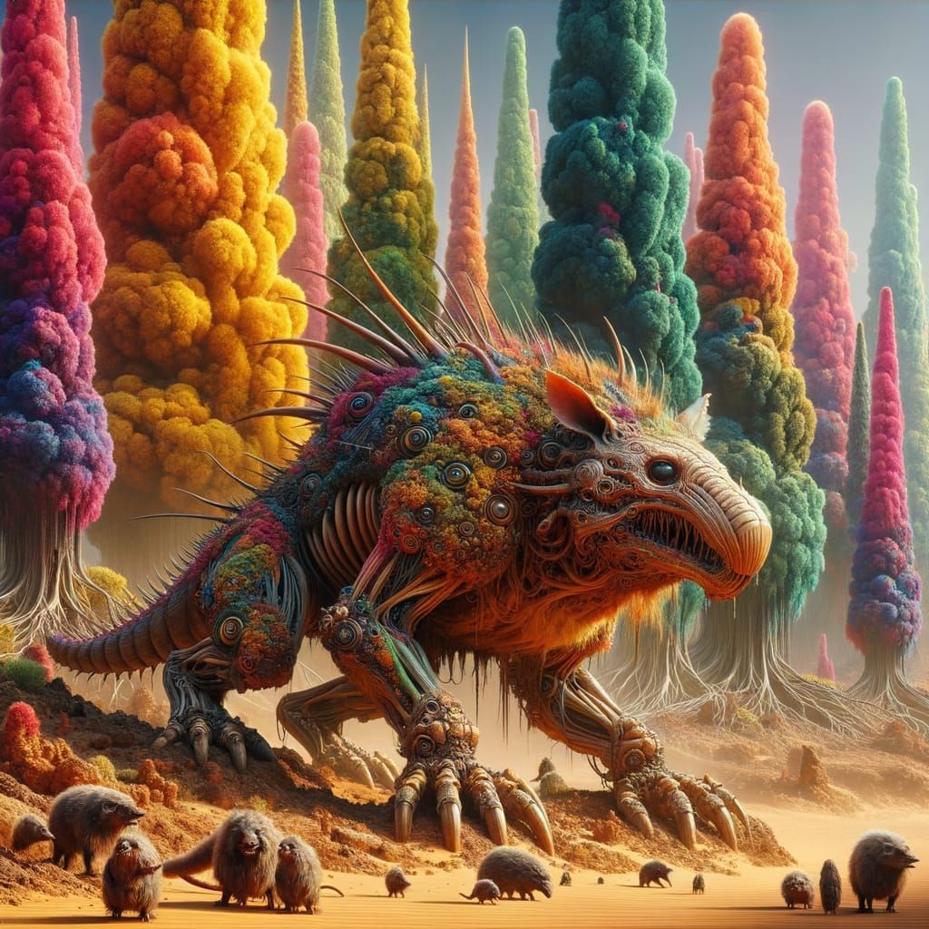 Ethereal Desert Creature Amidst Alien Coniferous Trees