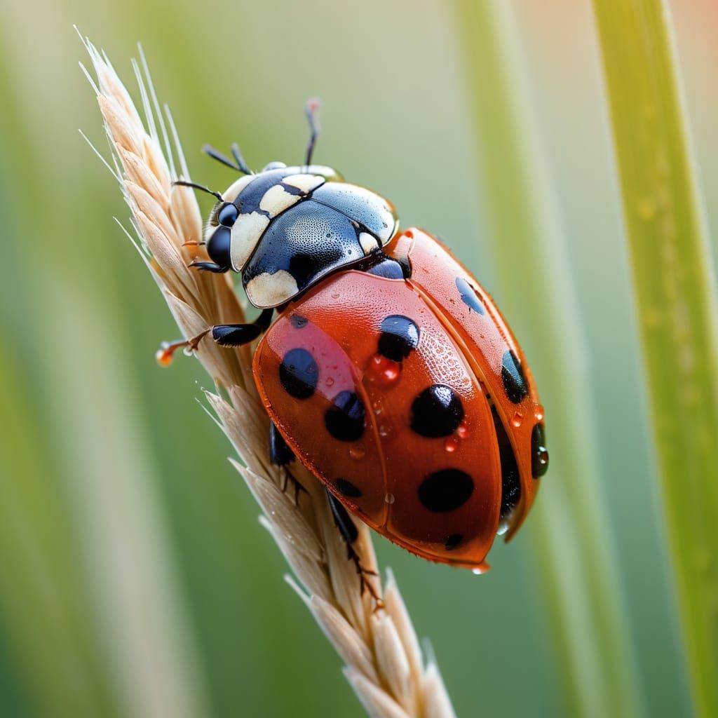 Gentle Macro Study of a Red Ladybug on Wheat