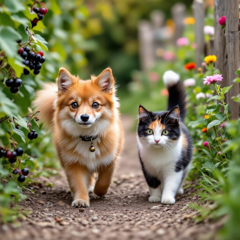 Charming Cottagecore Scene with Dog and Cat