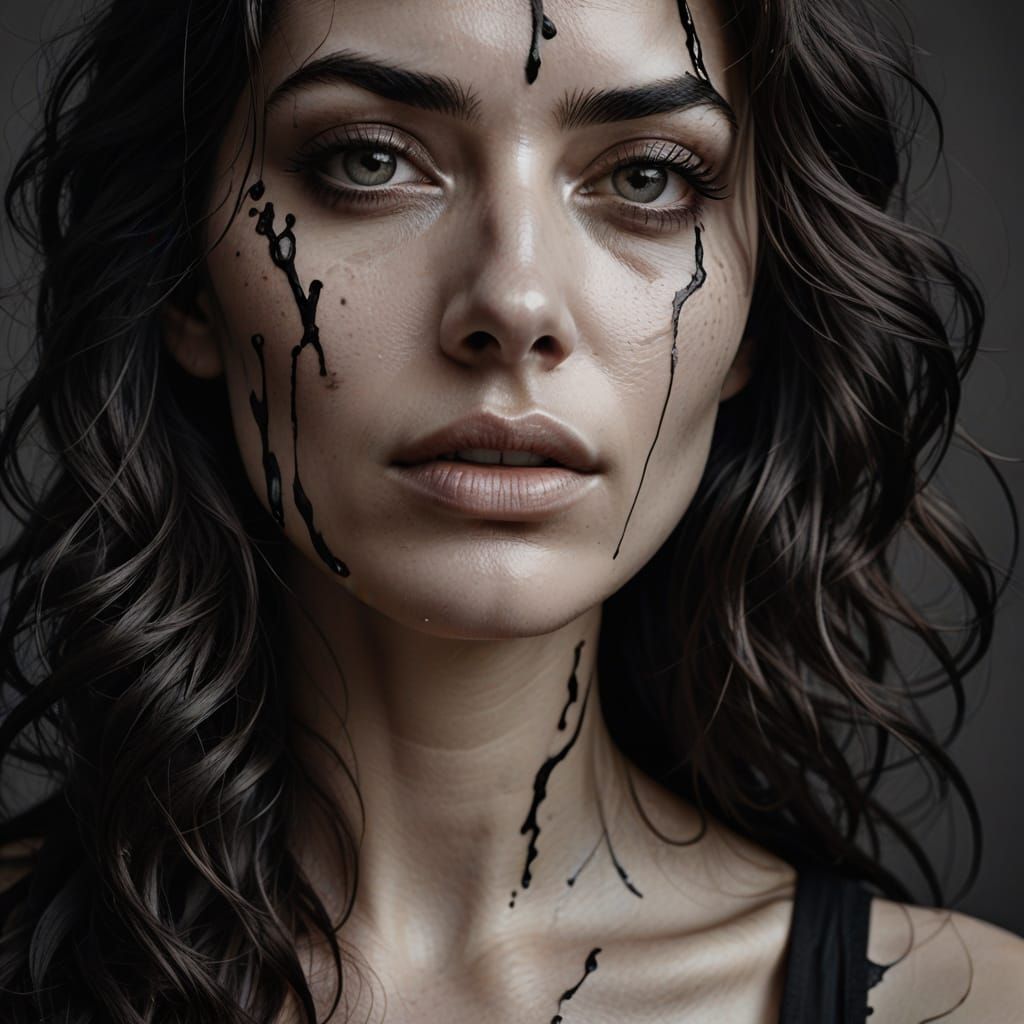 Young Woman in Moody Grayscale Portrait with Intricate Liqui...