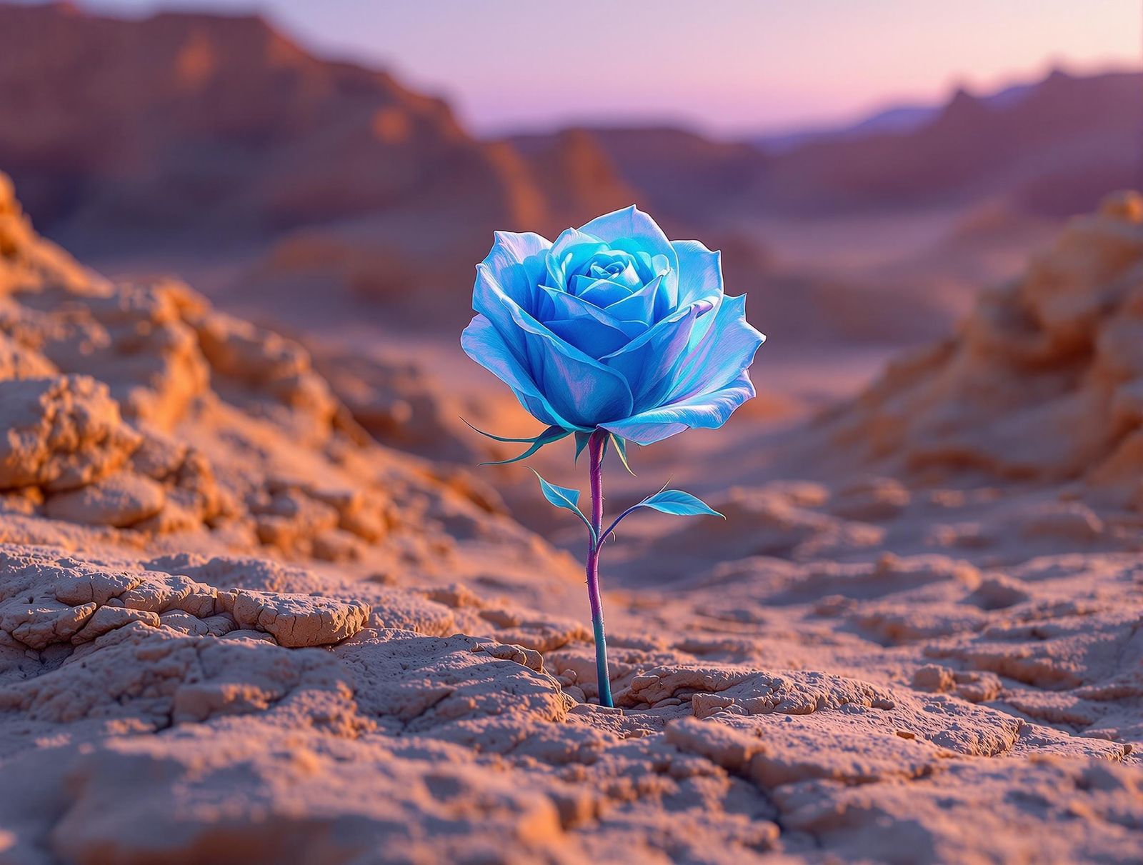 Ethereal Blue Rose in Desert Landscape