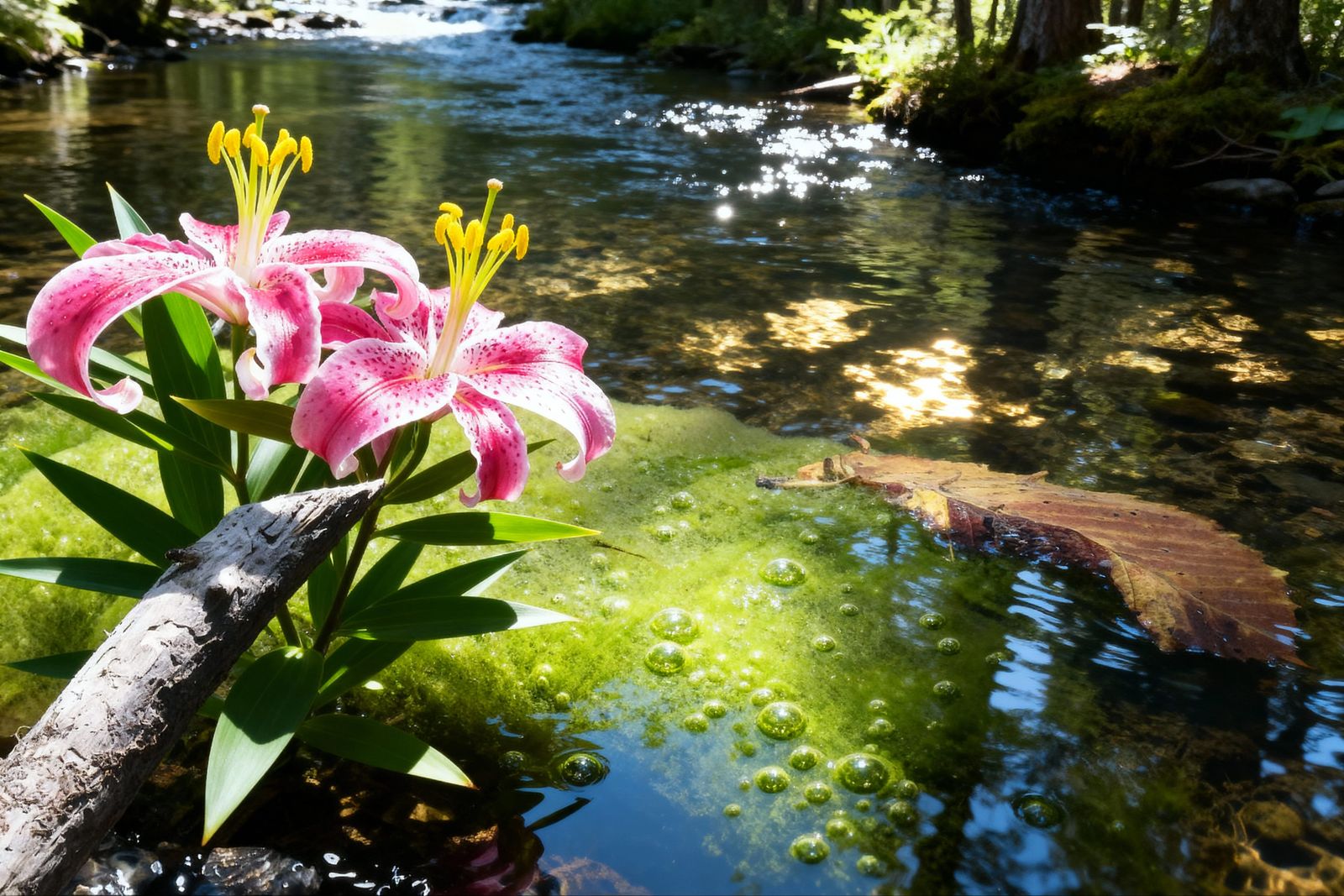 Magical Stargazer Lilies Beside Forest Stream