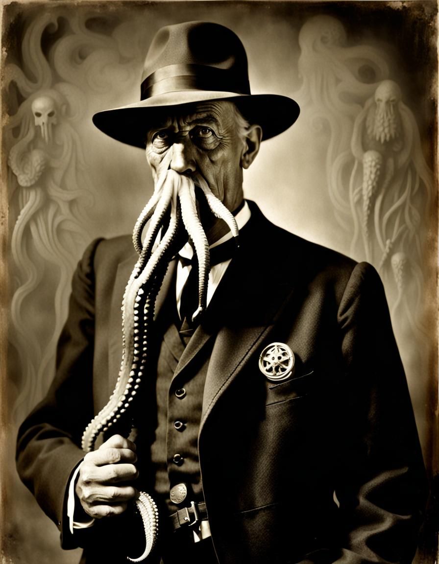 Elegant Man with Cthulhu: Photorealistic Horror