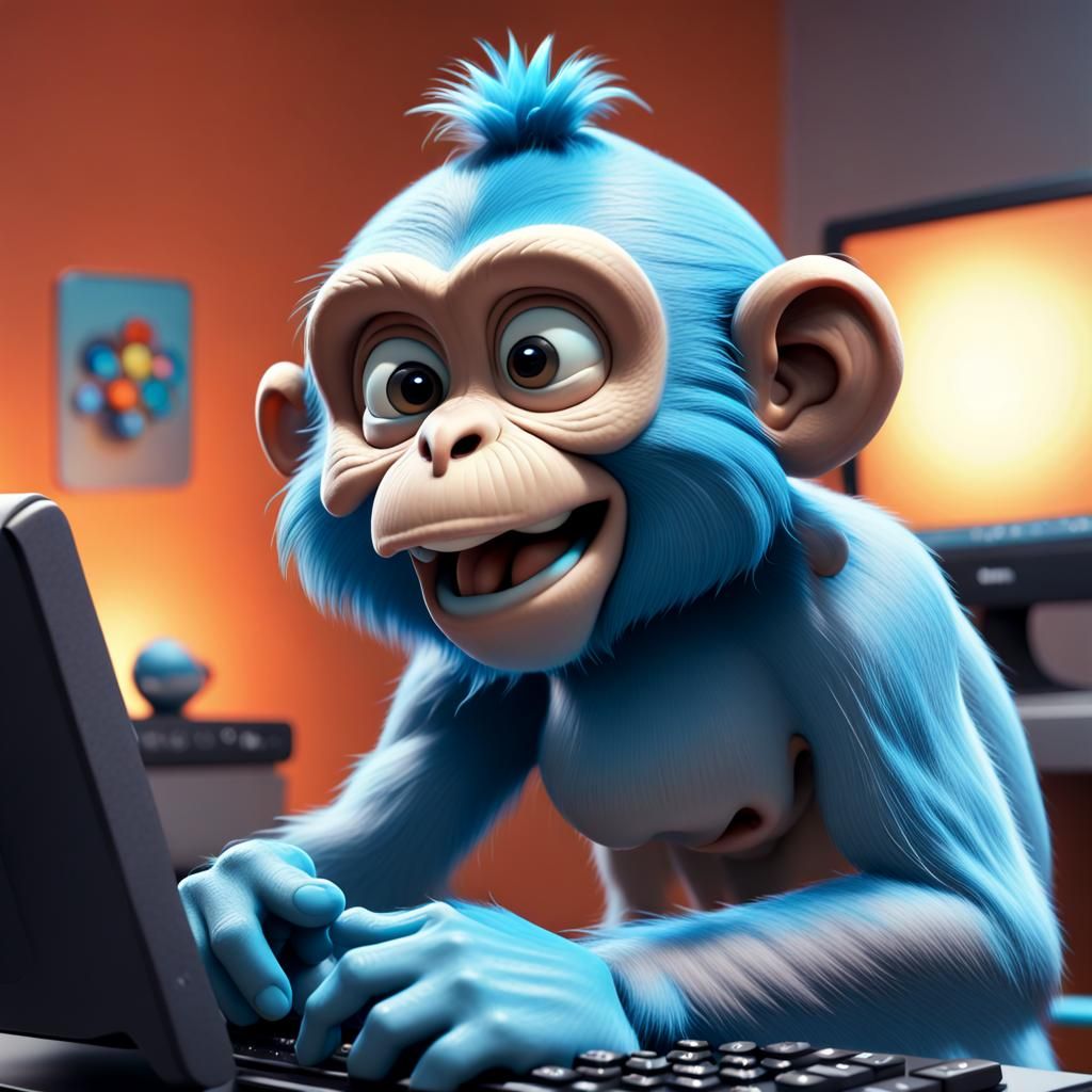 Smurf Monkey on Computer: Pixar-Style 3D Art