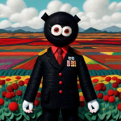Whimsical Felt Monster in Flower Field