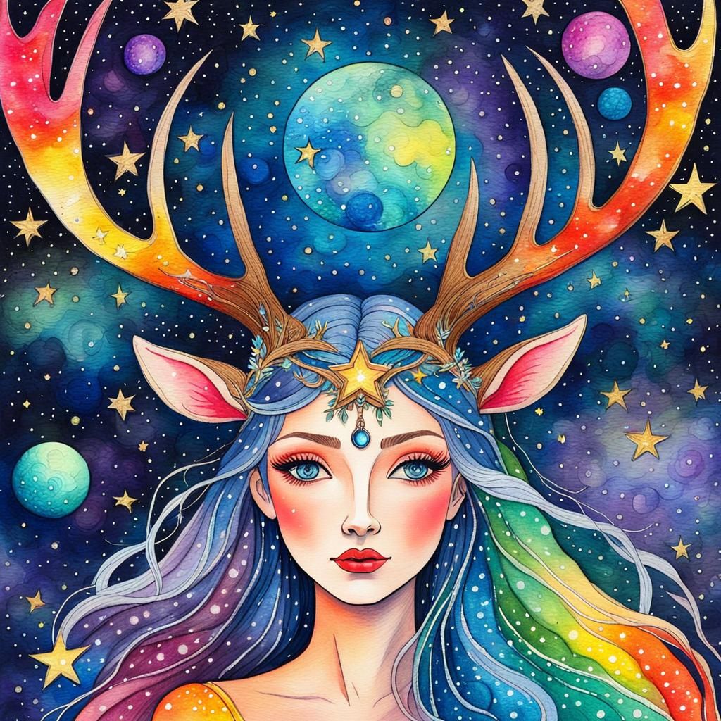 Whimsical Crayon Drawing of Fairy Goddess in Cosmic Scene