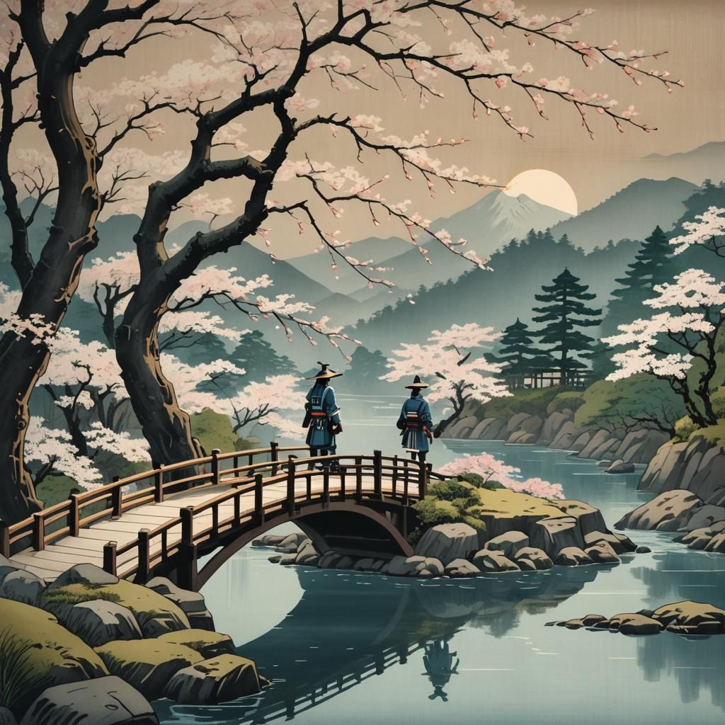 Samurai on Ukiyo-e Bridge in Japan
