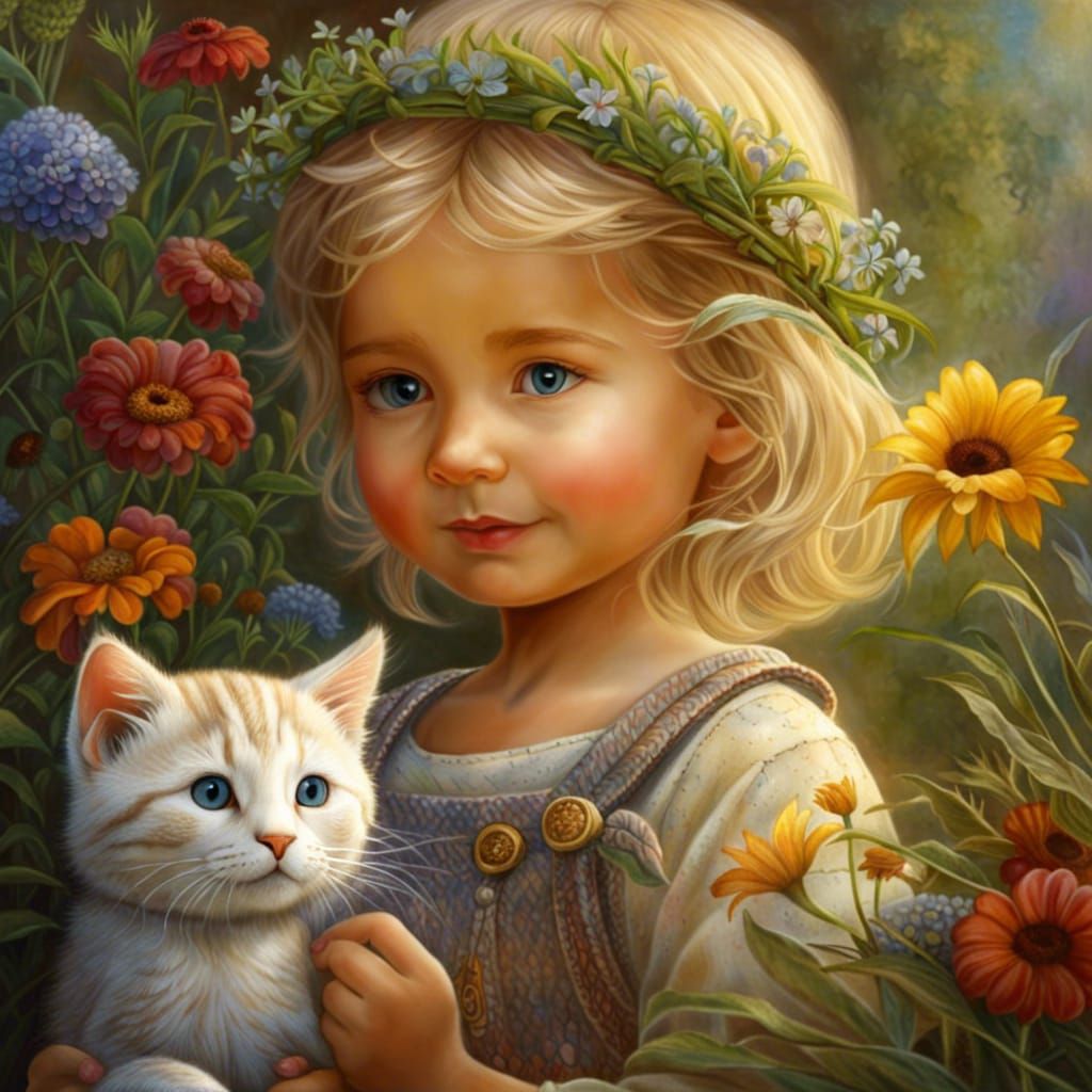 Toddler and Cat in Garden, Painterly Style