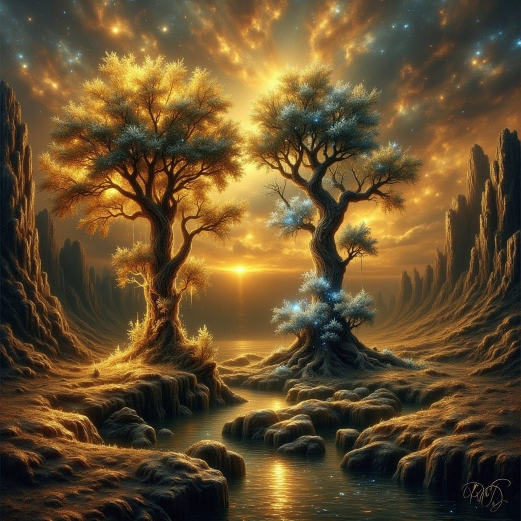 Majestic Trees of Valar in Epic Fantasy Style