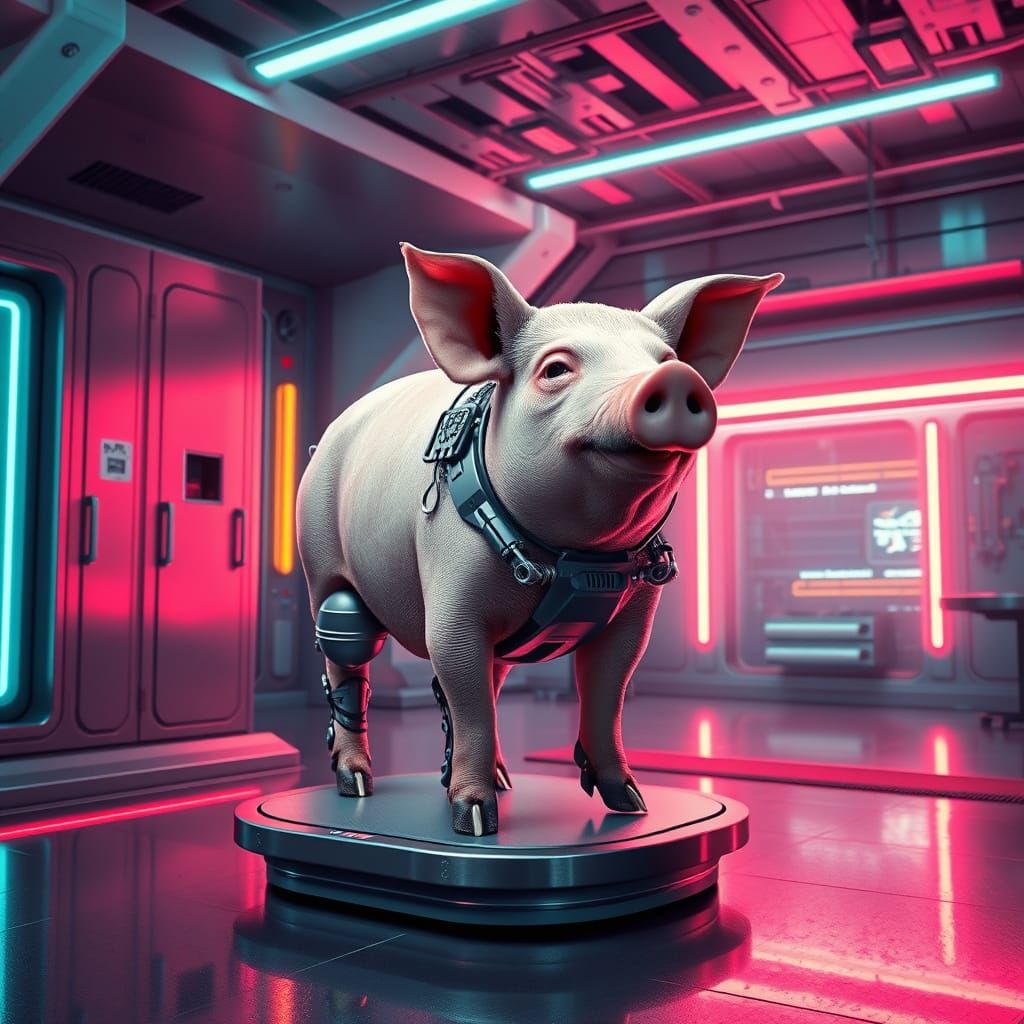 Futuristic Augmented Pig in High-Tech Laboratory
