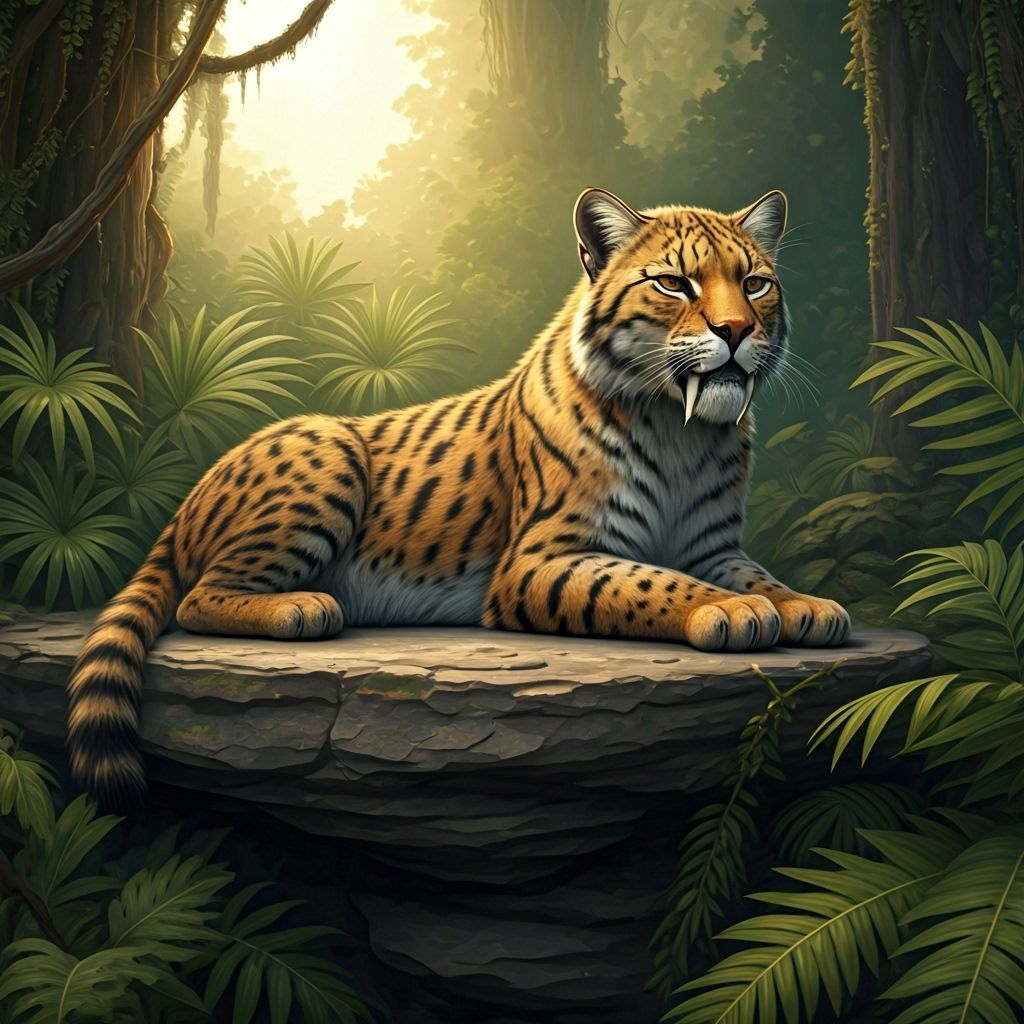 Saber-Toothed Cat on Rocky Ledge in Fantasy Art Style