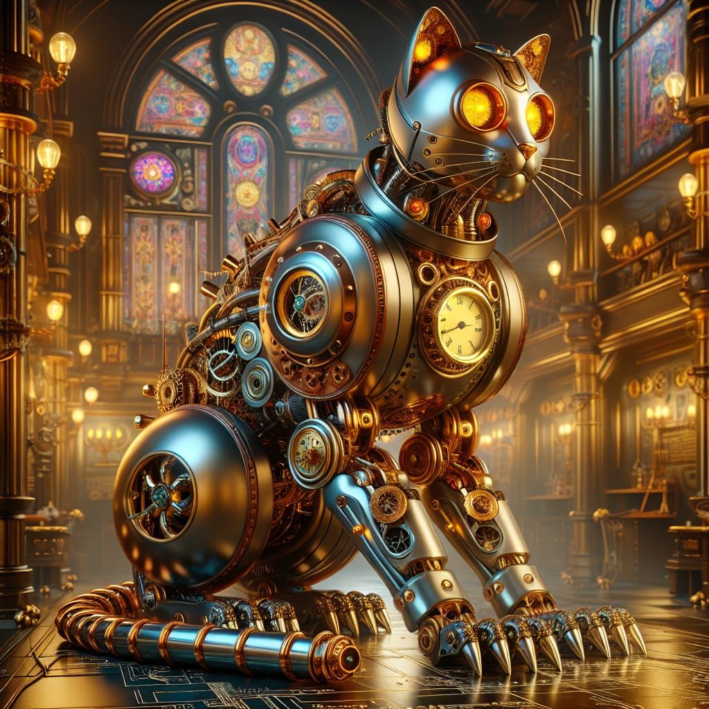 majestic Steampunk Robot Cat with brass and copper plating, exposed clockwork, and glowing amber gauge-like eyes