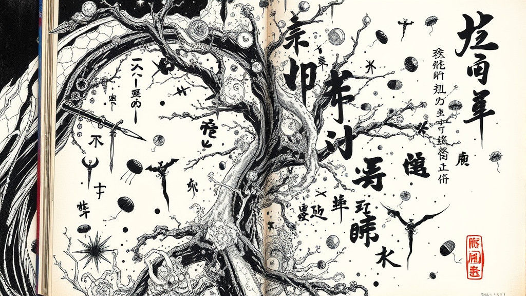 Gothic Japanese Calligraphy Illustration with Dramatic Light...