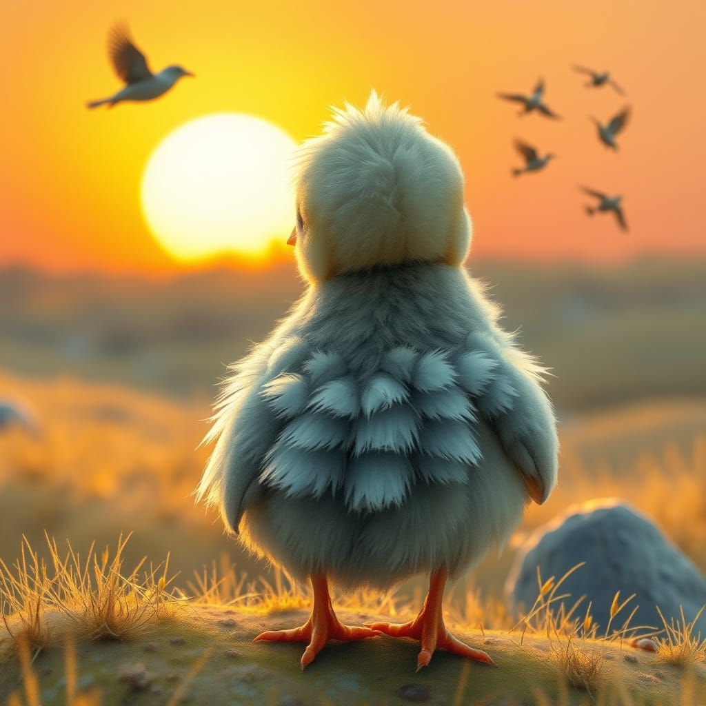 Grumpy Chick Refuses Sunrise, Storybook Illustration