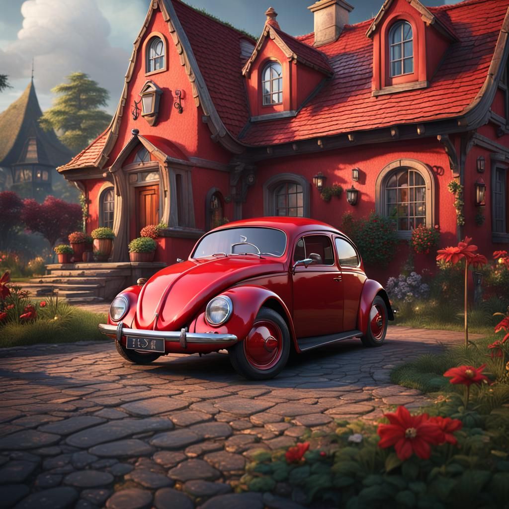 Red VW Beetle Beside House: Detailed Matte Painting