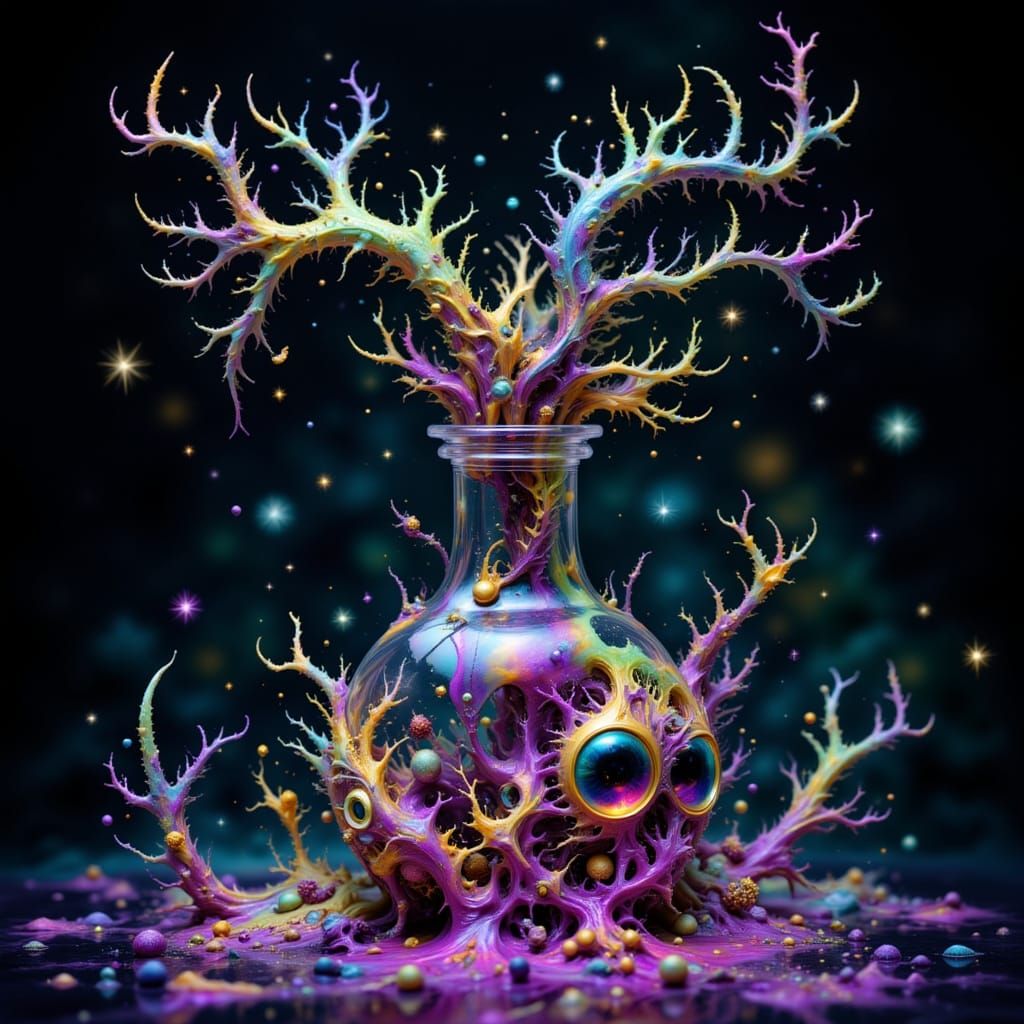 Surreal Potion Bottle Spills Luminous Creatures with Antlers