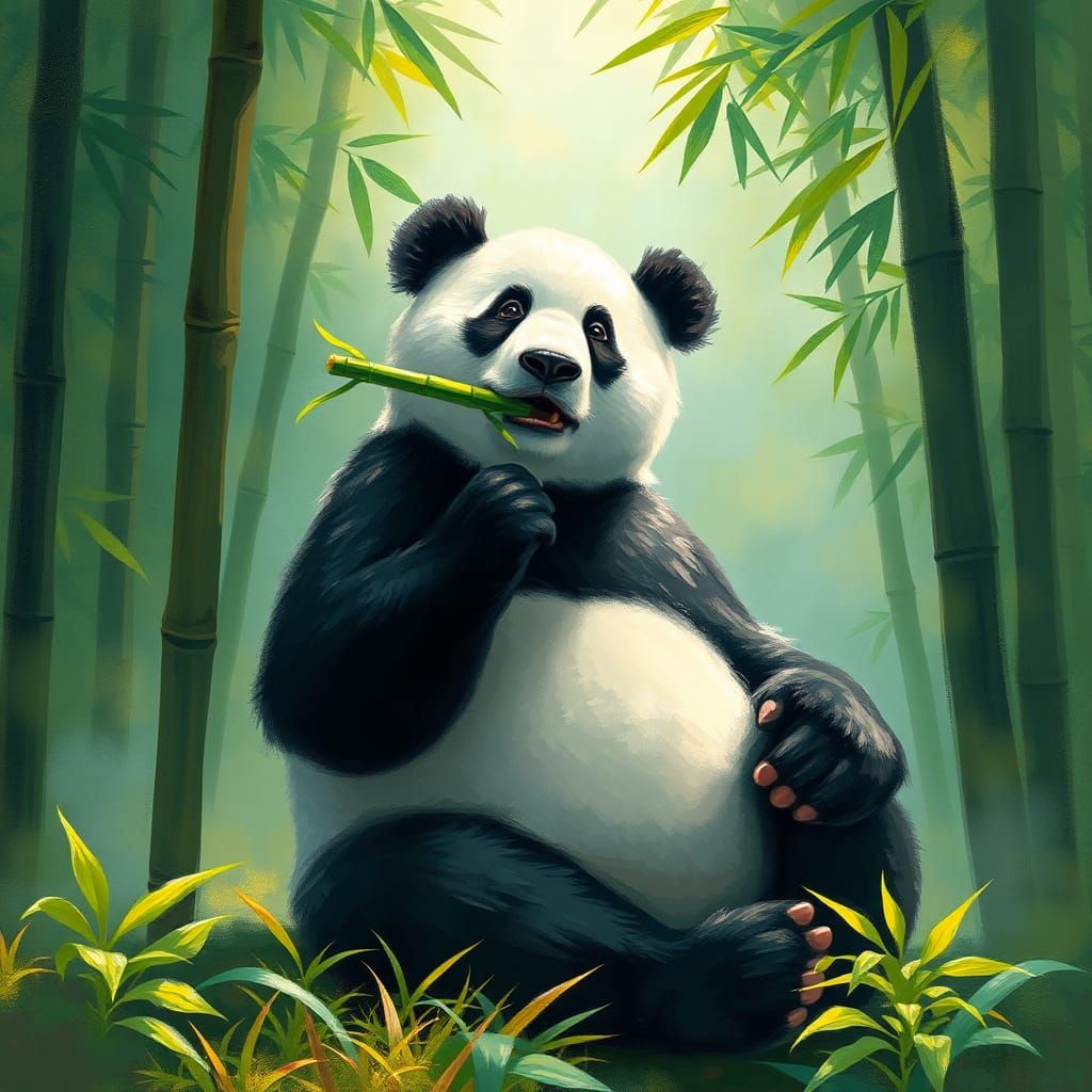 Giant Panda in Bamboo Forest, Impressionist Style