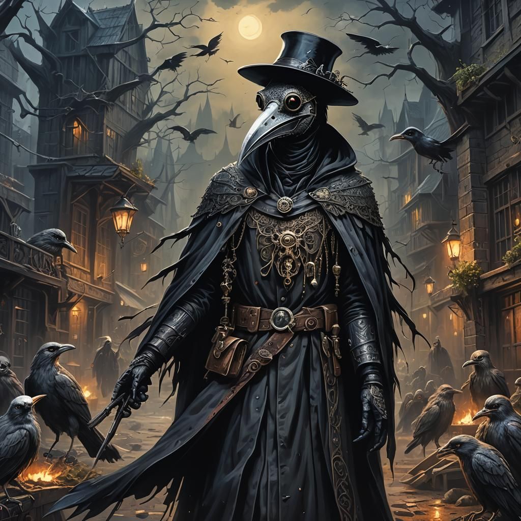 Creepy Plague Doctor in Dark Fantasy Setting