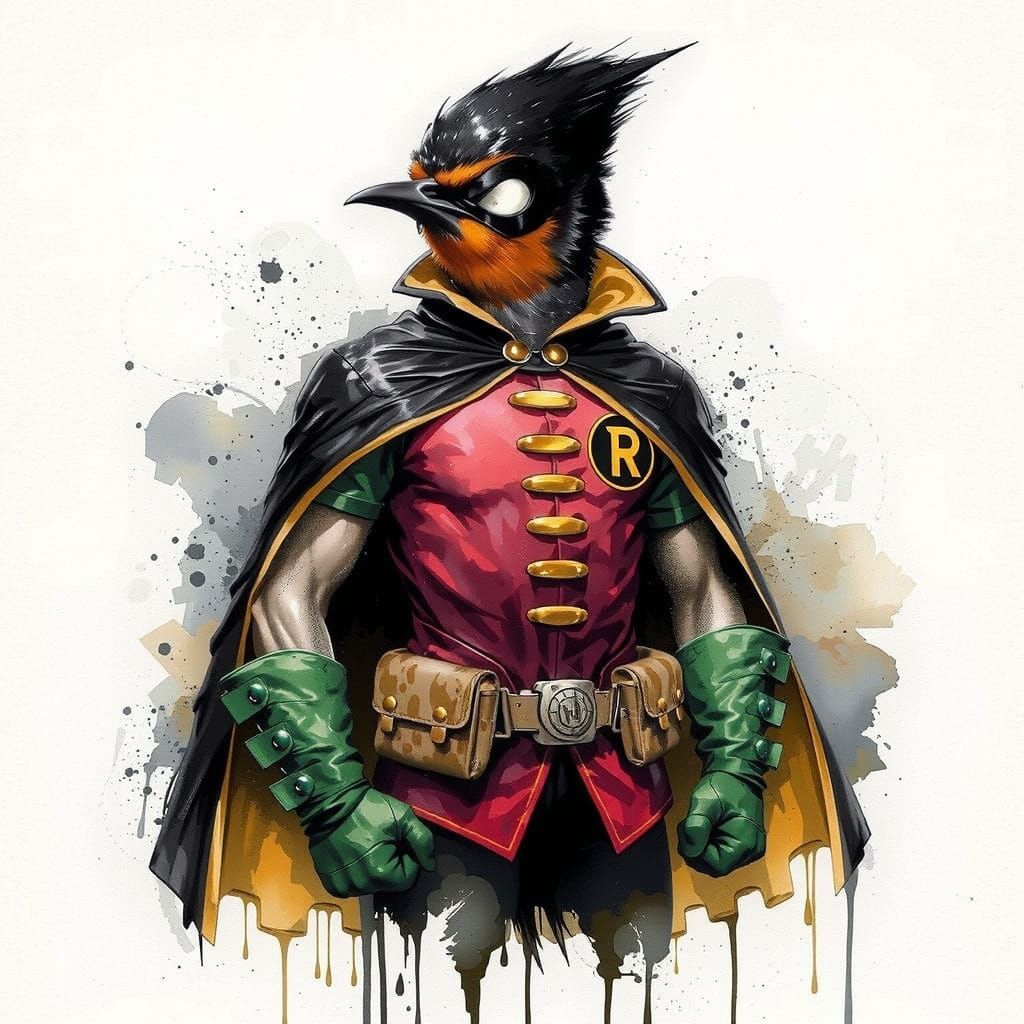 Robin Bird Superhero in Watercolor Style