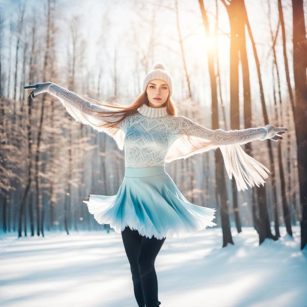 Ice Skater in Winter Forest with Sunlight