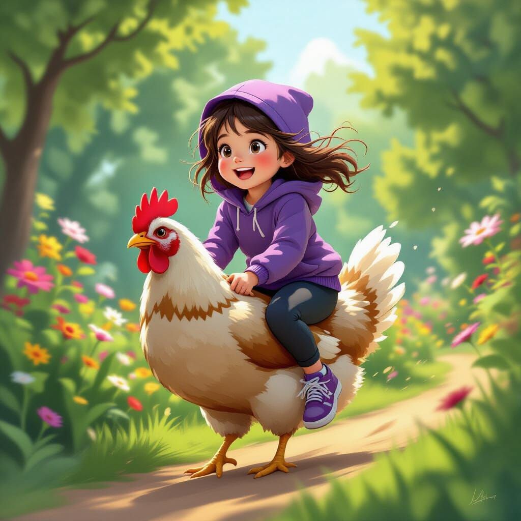 Girl Rides Chicken Through Garden, Expressive Digital Art