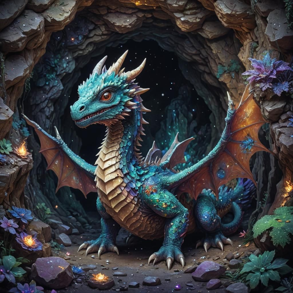 Baby Dragon Hatching in Cave, Pixel Art