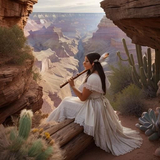 Native American Woman Playing Flute in Grand Canyon