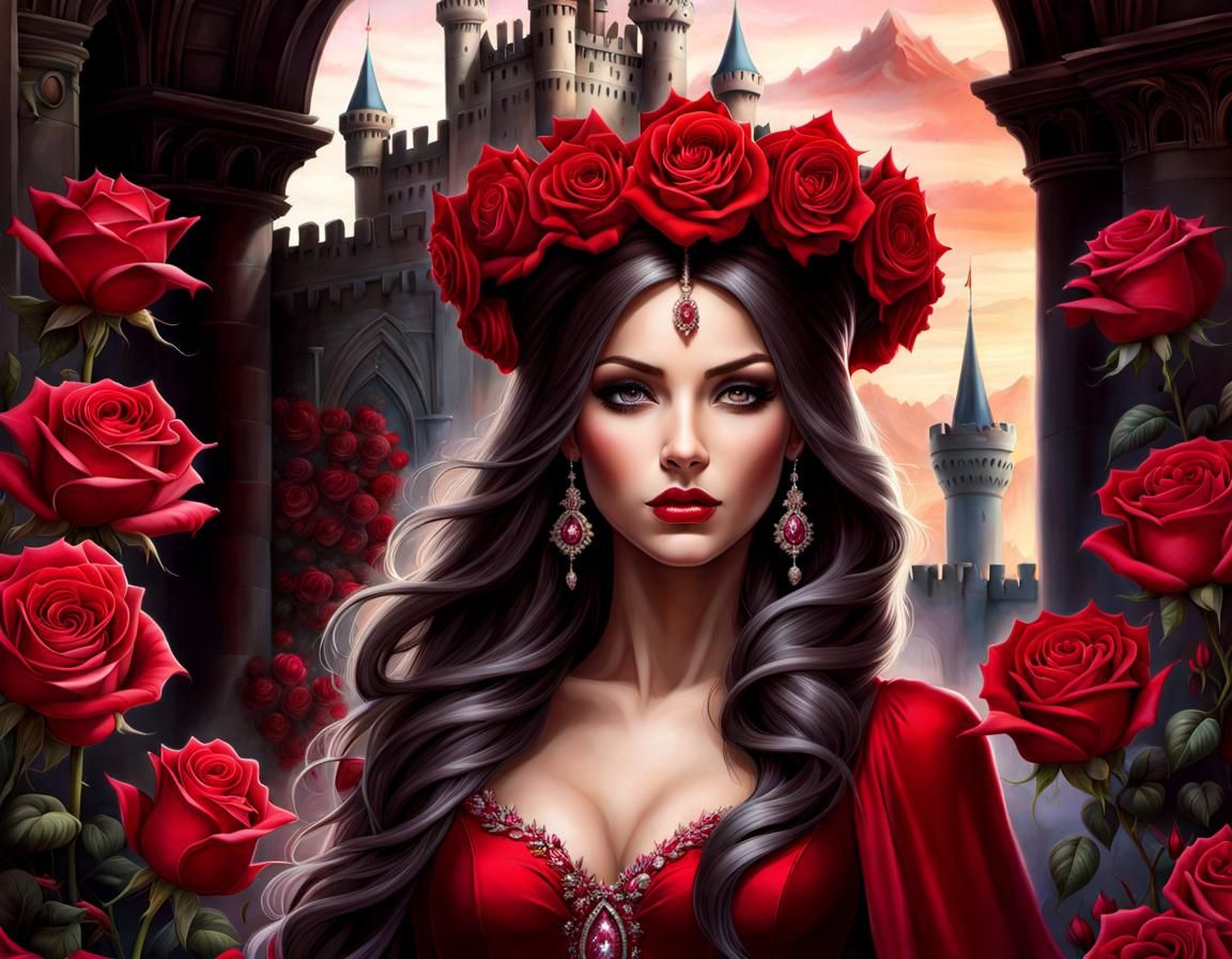 Beautiful Woman with Rose Headdress in Castle