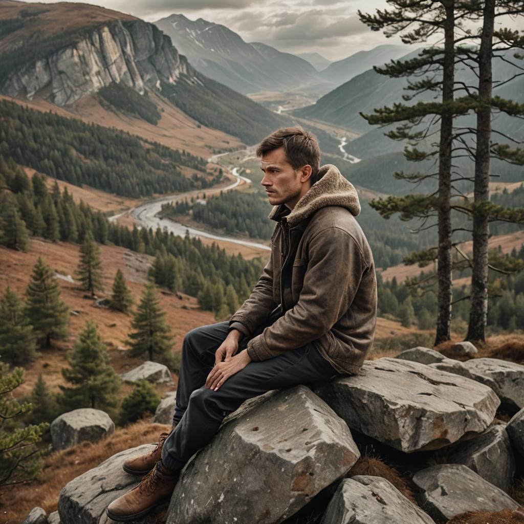 Thoughtful Slavic Boy in Mountain Landscape, Photorealistic ...