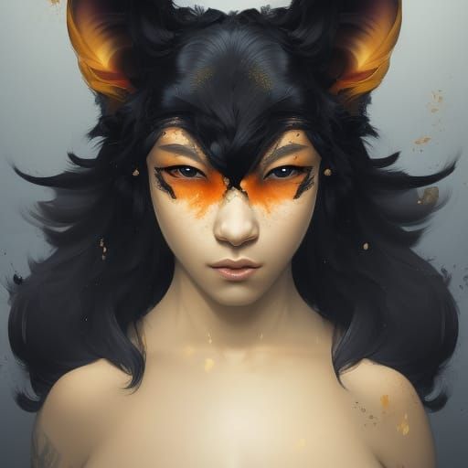 Hyperdetailed Black Kitsune Portrait in Art Nouveau Style