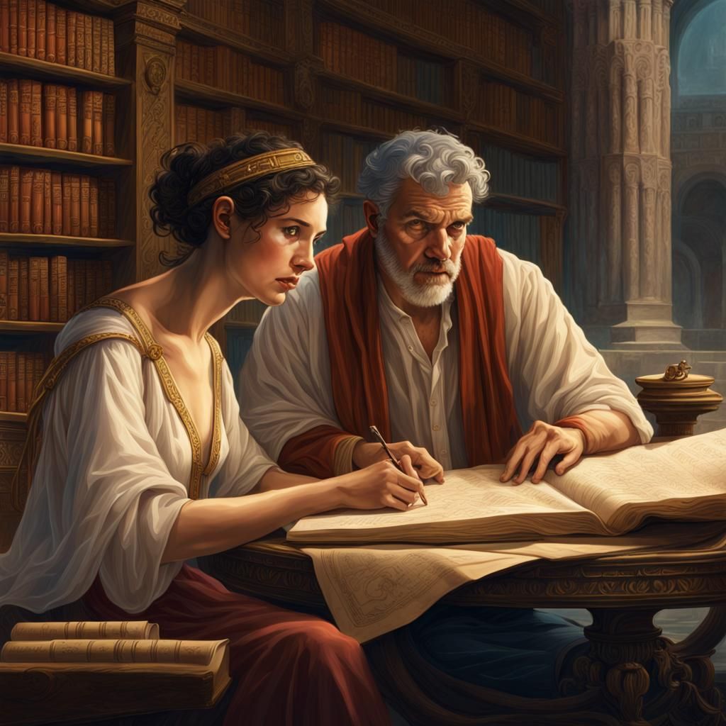 Hypatia and Father Study Scrolls in Alexandria Library