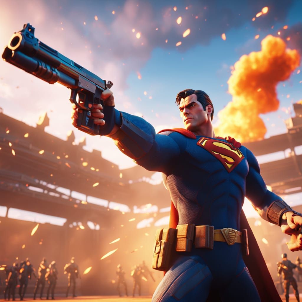Superman with Gun in Fortnite Arena, Cinematic Art