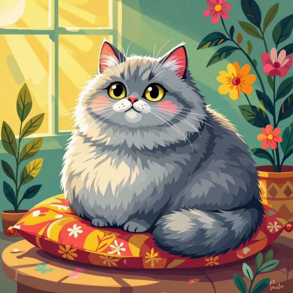 Fluffy Grey Cat Sitting in Sunlight, Whimsical Style
